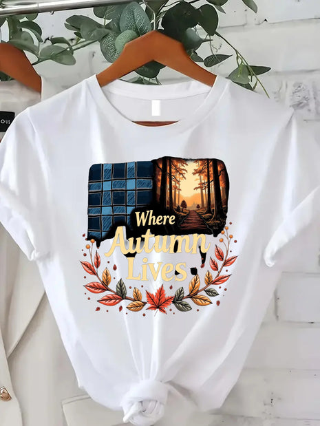 Comoda maglietta con stampa da donna T-shirt con foglie autunnali di ringraziamento T-shirt grafica stagionale autunnale da donna