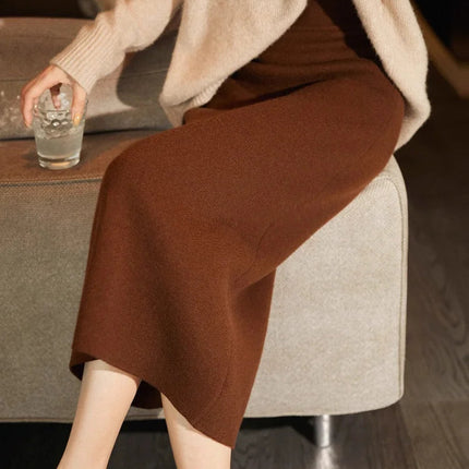 Birdtree,90.3% Sheep Wool 5.8% Cashmere Knitted Skirt,Woman Elastic Waist Straight Skirts,Autumn Rear Slit Maxi Skirt D5O728JF PlatiNum