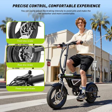 Bicicletta Elettrica EB1S da 14 Pollici, Motore 250W, Batteria 12Ah, Autonomia 30-50km, 3 Velocità, Velocità Massima 25km/h, Sospensione Centrale, E-Bike Pieghevole per Città, Bicicletta Elettrica per Adulti con Controllo