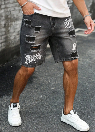 Pantaloncini effetto consumato da uomo all'ingrosso, jeans alla moda, stile casual estivo, vita media, colore chiaro, tessuto