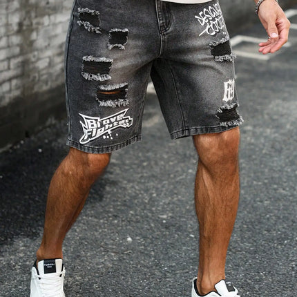Pantaloncini effetto consumato da uomo all'ingrosso, jeans alla moda, stile casual estivo, vita media, colore chiaro, tessuto