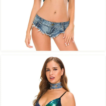 Women's Denim Shorts StreetWear Y2k Low Waisted Denim Beach Bikini Retro Super Shorts Nightclub Bar Pole Dance Clotheshot Summer PlatiNum