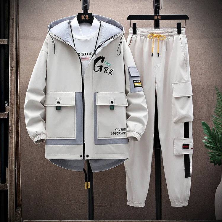 Spring Casual Men Sets Two Pieces Fashion Korean Trend Hooded Jacket + Pants Autumn Baseball Uniform Suit Man Outfit