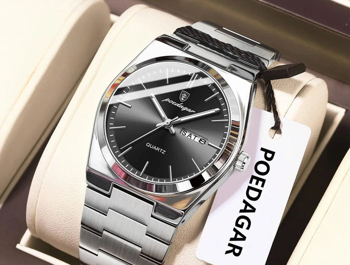 POEDAGAR Orologio da polso al quarzo da uomo di lusso Impermeabile luminoso Data Settimana Orologio da uomo Orologi da uomo d'affari in acciaio inossidabile platinumshop