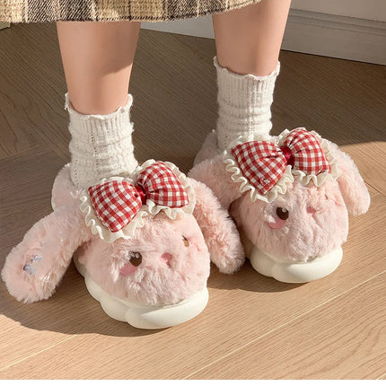 2026 New Women's Cotton Bow Bunny Slippers Winter Indoor Home Warm Household Wool Cotton Shoes Women Wear Indoor Winte