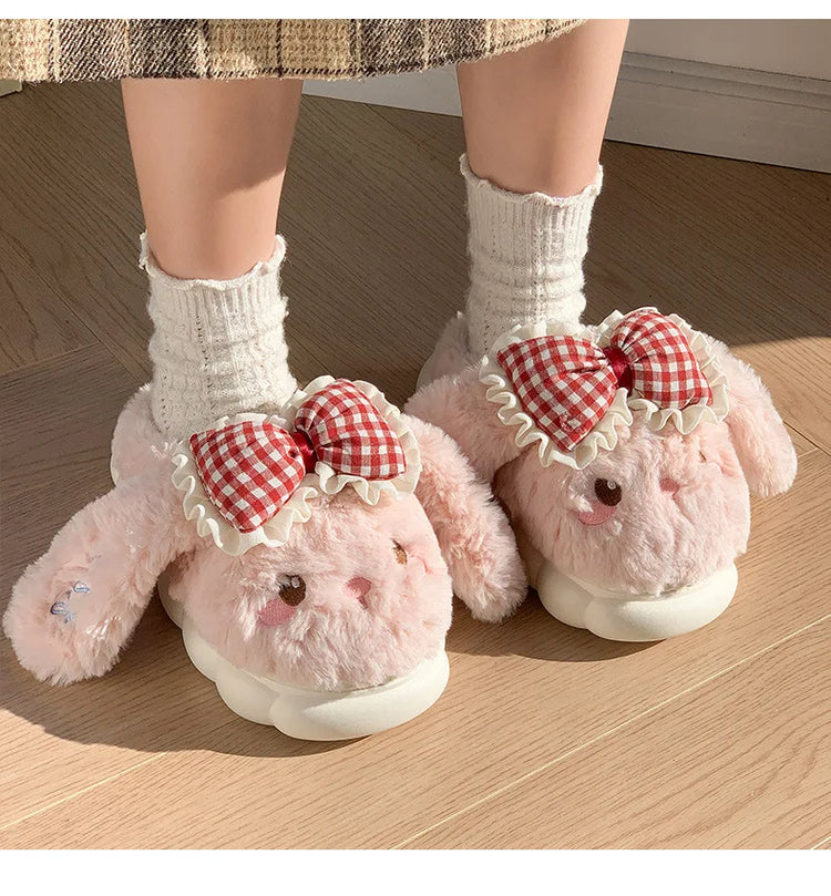 2026 New Women's Cotton Bow Bunny Slippers Winter Indoor Home Warm Household Wool Cotton Shoes Women Wear Indoor Winte