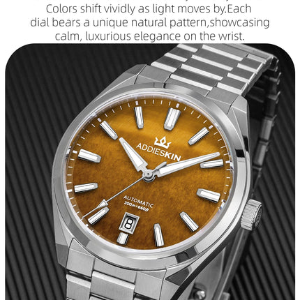 AddiesKin K010 Automatic Watch for Men Natural Tiger Eye Dial Miyota 9015 Movement Sapphire Crystal 200 Waterproof Luminous Gift