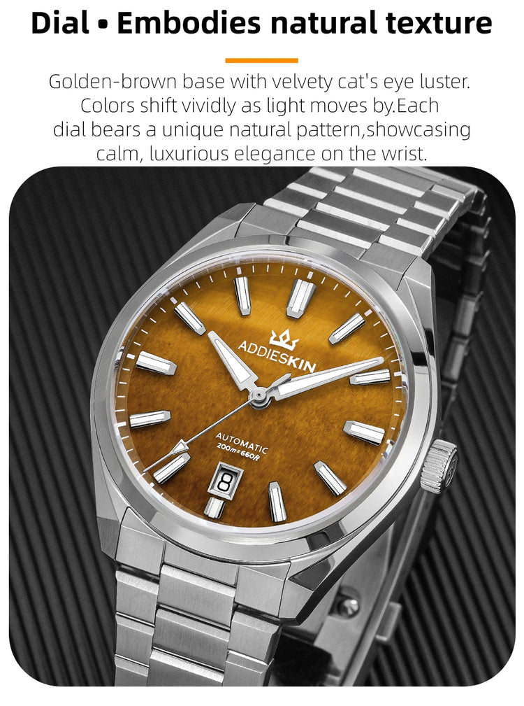 AddiesKin K010 Automatic Watch for Men Natural Tiger Eye Dial Miyota 9015 Movement Sapphire Crystal 200 Waterproof Luminous Gift