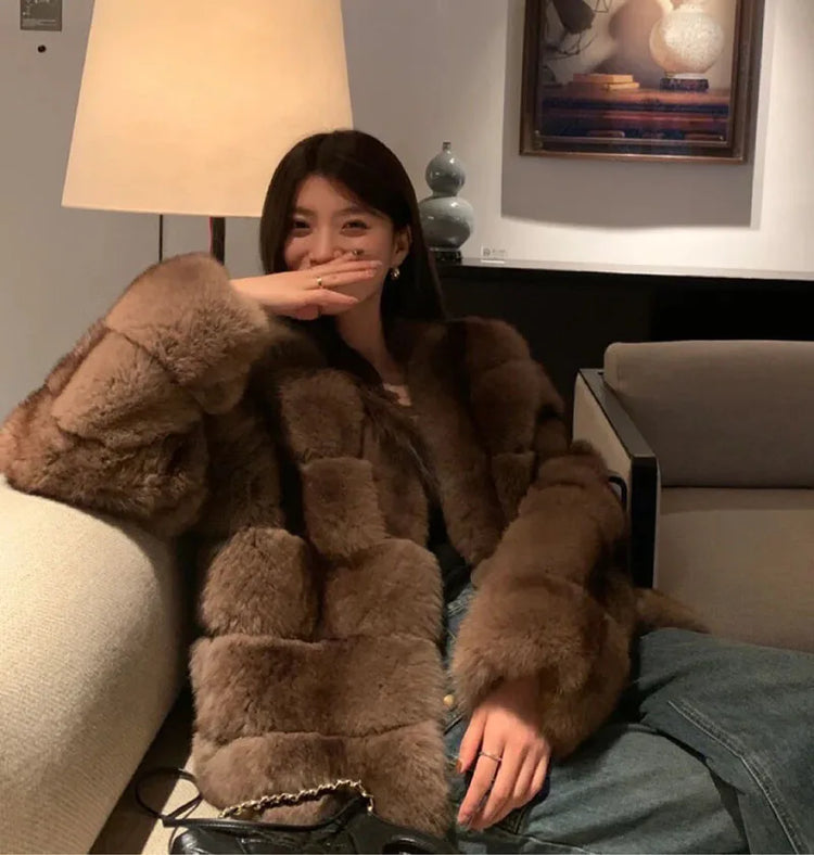 ZADORIN New Winter Faux Mink Coat Woman Elegant V Neck Long Sleeve Brown Faux Fur Coat Luxury Furry Jacket Woman Clothes Fur Top