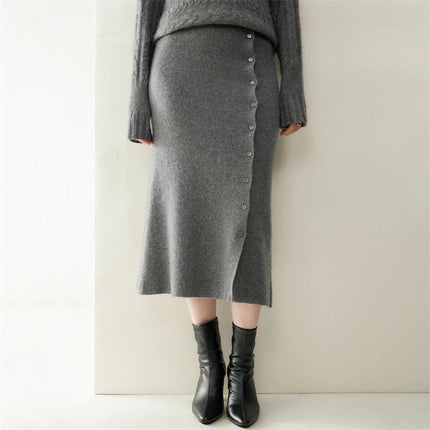 Women 100% Cashmere Skirts Office Lady Autumn Winter Knitted High Waist A-Skirt Graceful Long Warm front-open skirt with buttons PlatiNum