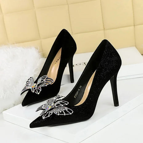 NUOVE Décolleté da donna con strass Tacchi alti a farfalla 10 CM Tacchi a spillo da donna in pelle scamosciata Scarpe da banchetto di lusso Scarpe da sposa di moda