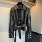 High Quality Women Lapel Short Jacket, Long Sleeve Button Solid Color Outerwear With Waist Belt