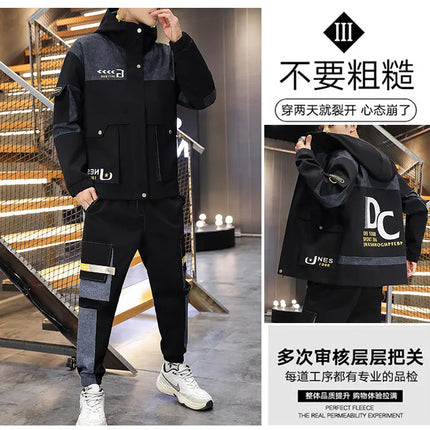 Men's Casual Sports Sets Spring Autumn Tracksuit Jogging Set Patchwork flight Hooded jacket pants two Piece