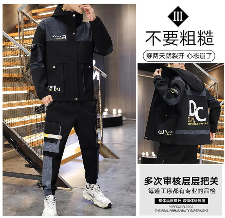 Men's Casual Sports Sets Spring Autumn Tracksuit Jogging Set Patchwork flight Hooded jacket pants two Piece