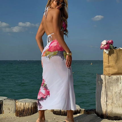 Costume da bagno 3 pezzi con stampa floreale grande con gonna lunga in rete Costume da bagno bikini micro perizoma da donna 2025 Costume da bagno estivo da spiaggia Biquini PlatiNum