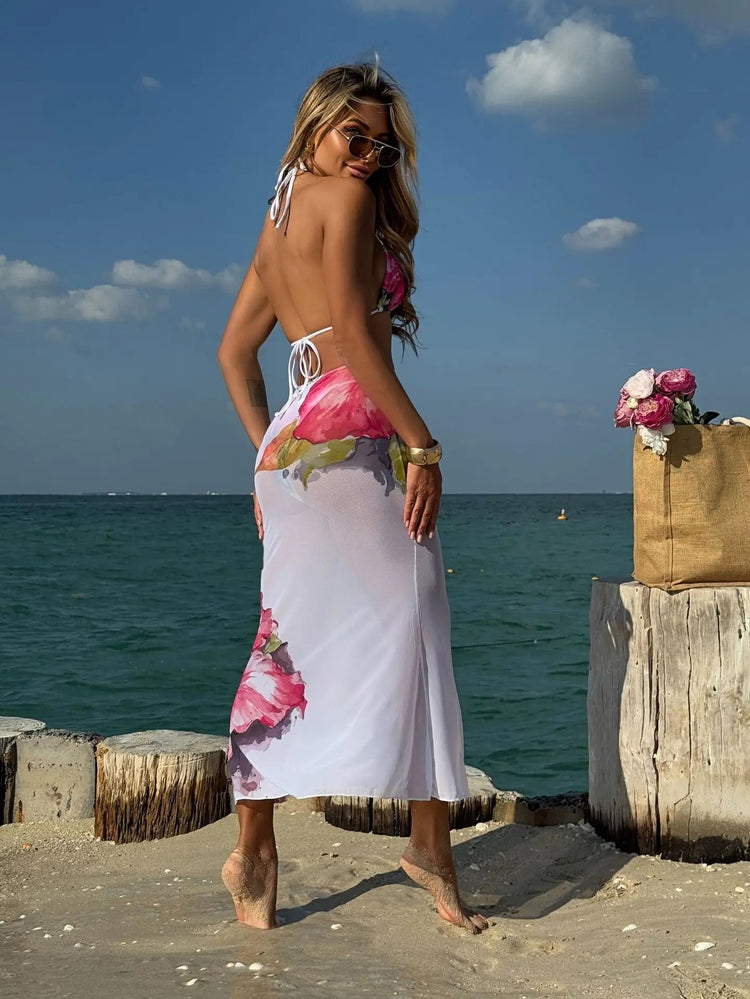 Costume da bagno 3 pezzi con stampa floreale grande con gonna lunga in rete Costume da bagno bikini micro perizoma da donna 2025 Costume da bagno estivo da spiaggia Biquini PlatiNum