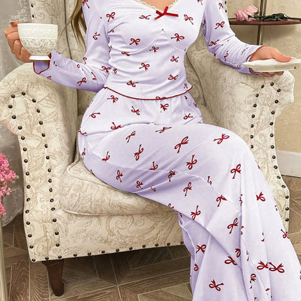 Primavera e autunno nuovi indumenti da notte da donna con fiocco a farfalla a maniche lunghe set stampato elastico da donna casual comodi vestiti per la casa