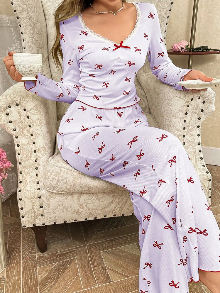 Primavera e autunno nuovi indumenti da notte da donna con fiocco a farfalla a maniche lunghe set stampato elastico da donna casual comodi vestiti per la casa