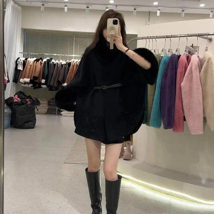 UCXQ Korean Style Two Sided Cloak Overcoat For Women Fur Collars Belt Loose Long Coats 2025 Winter New 23Z2284