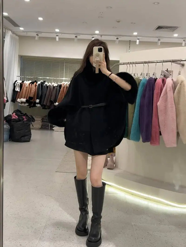 UCXQ Korean Style Two Sided Cloak Overcoat For Women Fur Collars Belt Loose Long Coats 2025 Winter New 23Z2284