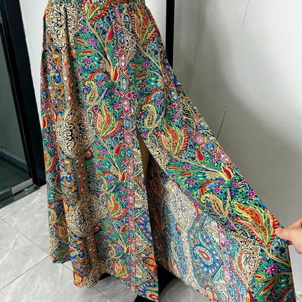 Gonna Lunga Vintage Bohemien con Stampa Etnica da Donna, Gonna Estiva Casual a Vita Alta 2026, Elegante Gonna Boho a Trapezio con Spacco e Pieghe