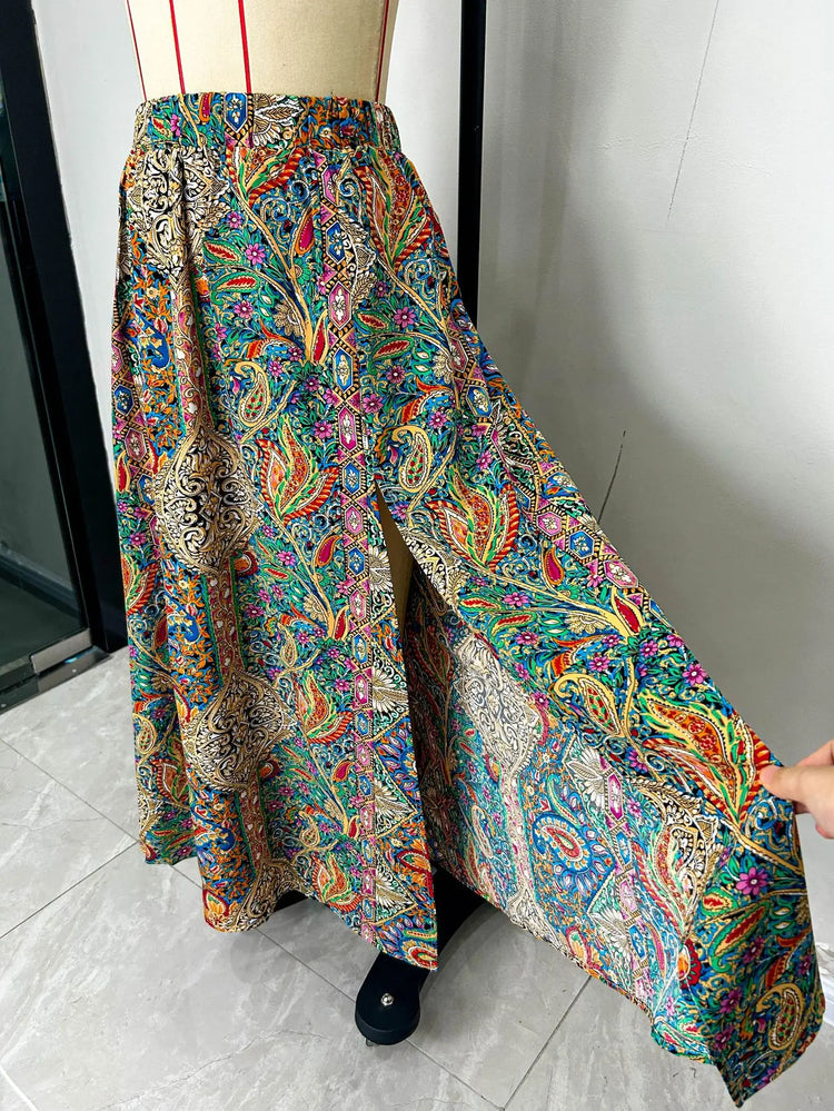 Gonna Lunga Vintage Bohemien con Stampa Etnica da Donna, Gonna Estiva Casual a Vita Alta 2026, Elegante Gonna Boho a Trapezio con Spacco e Pieghe