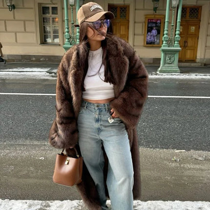 ZADORIN 120cm Super Long Luxury Winter Brown Faux Fur Coat Woman Elegant Belted Lapel Thick Fluffy Fur Jacket High Quality Coats