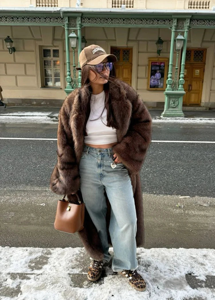 ZADORIN 120cm Super Long Luxury Winter Brown Faux Fur Coat Woman Elegant Belted Lapel Thick Fluffy Fur Jacket High Quality Coats
