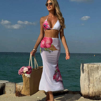 Costume da bagno 3 pezzi con stampa floreale grande con gonna lunga in rete Costume da bagno bikini micro perizoma da donna 2025 Costume da bagno estivo da spiaggia Biquini PlatiNum
