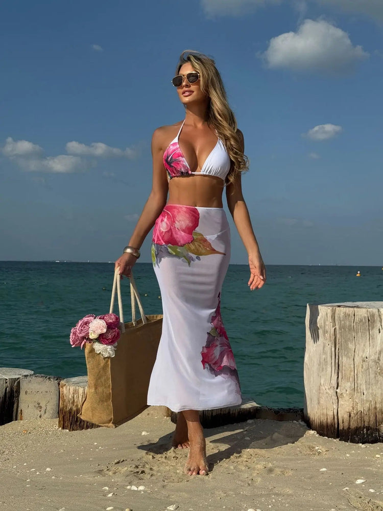Costume da bagno 3 pezzi con stampa floreale grande con gonna lunga in rete Costume da bagno bikini micro perizoma da donna 2025 Costume da bagno estivo da spiaggia Biquini PlatiNum