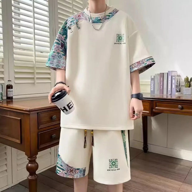 Pantaloncini a maniche corte traspiranti comodi e traspiranti con stampa di nuova tendenza estiva Set da due pezzi sportivo allentato casual da uomo taglie forti platinumshop