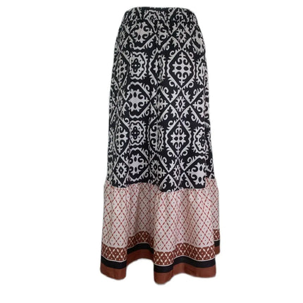 Gonna ampia stampata con elastico in vita da donna, gonna midi boho con inserti, adatta per la spiaggia e l'uso quotidiano