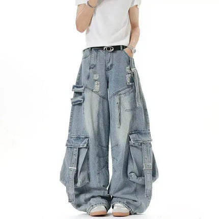IEFB Jeans da uomo stile americano tinta unita multi tasche pantaloni casual usurati decostruzione pantaloni in denim a gamba larga 9W4066