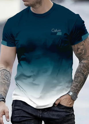T-shirt de luxe estivale pour homme avec impression 3D dégradée, motif abstrait vagues et spirales turquoise et or, col rond à manches courtes, respirant