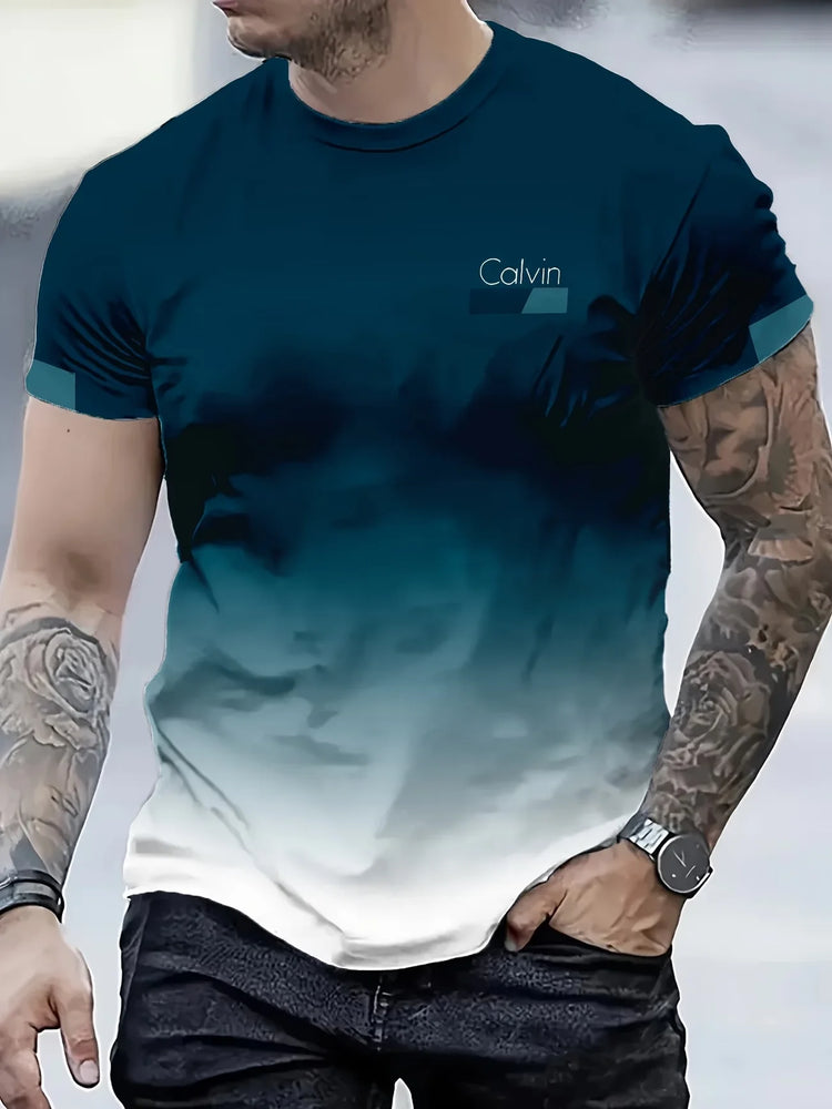 T-shirt da uomo estiva di lusso con stampa 3D sfumata, motivo astratto a onde e spirali turchese e oro, girocollo a maniche corte, traspirante