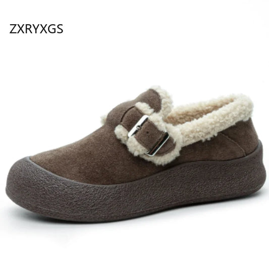 ZXRYXGS 2025 Premium Cow Suede Round Toe Winter Sneakers Snow Shoes Flat Thick Sole Comfort Warm Sneakers Women Shoes Big Size