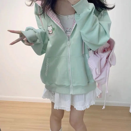 Y2k Hoodies Green Kawaii Cat Floral Print Hooded Zip-up Woman Sweatshirts Pink Thin Jacket Spring Fall Clothes Cute Streetwear