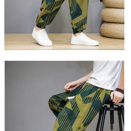 Pantaloni Primavera-Estate da Uomo in Stile Cinese, Sottili e Traspiranti in Cotone e Lino, con Vita Elastica, Pantaloni Harem Stampati Casual e Comodi