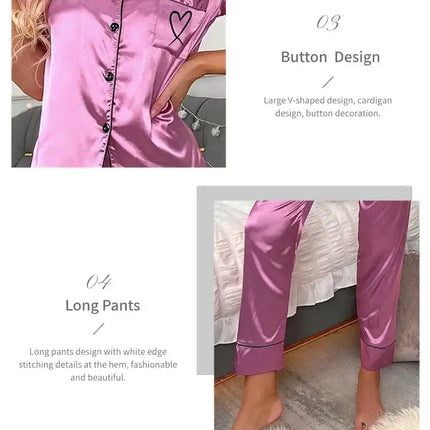 Lussuoso pigiama in raso per donna 2 pezzi pigiama Set tasca cuore ricama pigiameria autunno manica lunga top e pantaloni pigiama femminile platinumshop