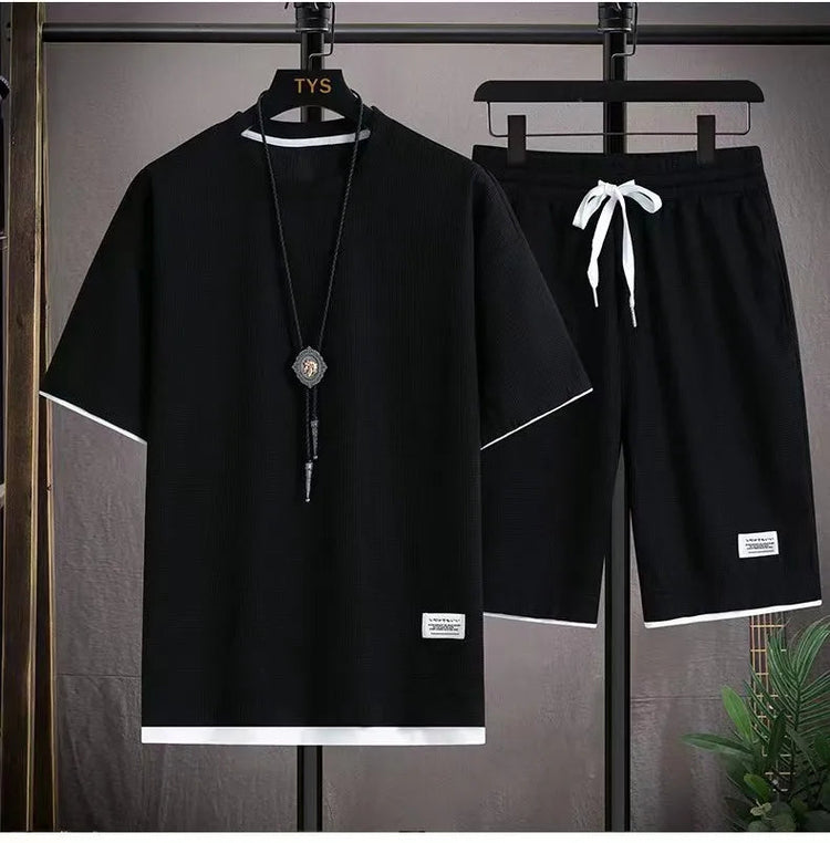 2026 nuovi set di waffle da uomo estivi T-shirt e pantaloncini casual Set tuta sportiva maschile tuta tinta unita abiti larghi platinumshop