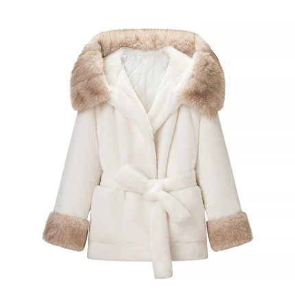 Casual Patchwork Faux Fur Collar Women's Coat Lace Up Pockets Thicken Lady Coats 2026 Autumn Winter Female Street Outerwear
