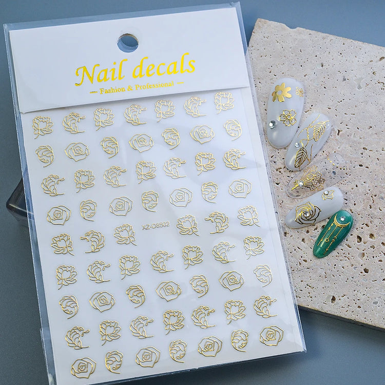 1pcs Gilded Hollow Flower Leaves Nail Art Stickers French Lines Bohemian Tassels 3D Nail Decals Rose Pattern Manicure Decoration