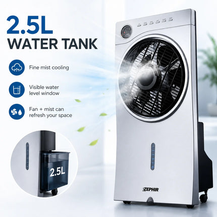 Ventilatore Evaporativo ZEPHIR 90W con Nebulizzatore, Serbatoio da 2,5L, 3 Velocità, Telecomando, Raffrescatore d'Aria