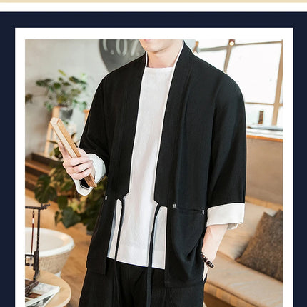 Nuova Camicia Uomo Kimono Giapponese in Cotone e Lino, T-shirt Comoda e Traspirante, Costume da Samurai Tradizionale, Camicia Casual Haori per Uomo