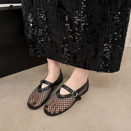 Scarpe estive da donna: Ballerine Mary Jane con punta tonda, fibbie dritte, casual e comode, con intagli, in rete
