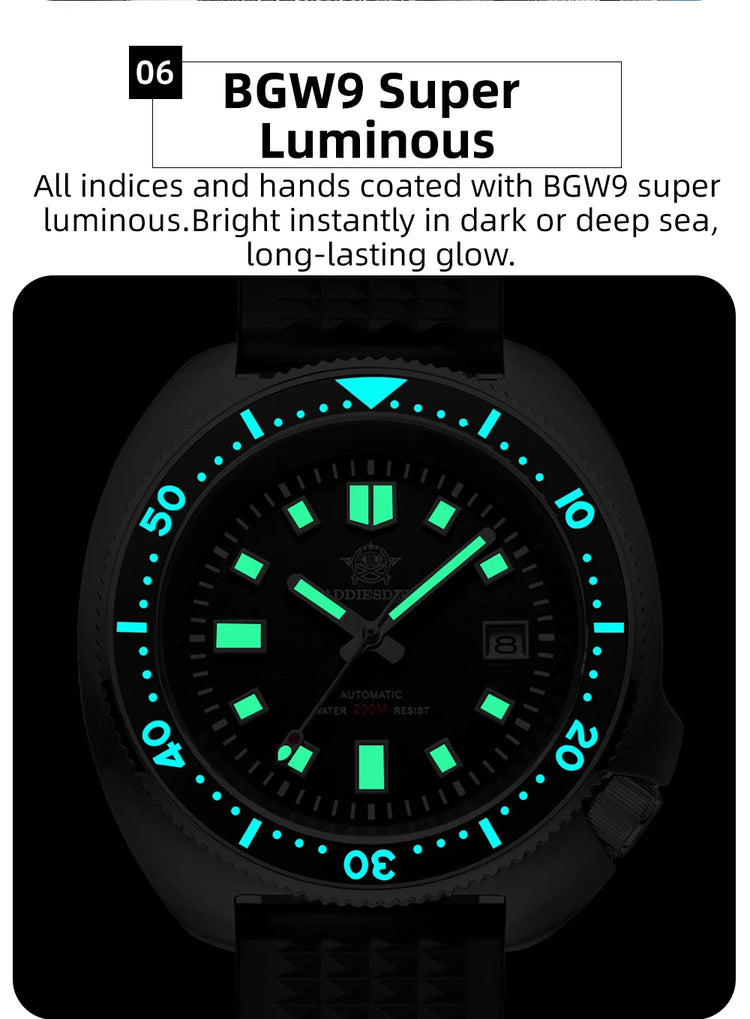 ADDIESDIVE Luxury Men's Automatic Watch Ceramic Bezel Sapphire Glass 200m Waterproof Ultra Bright Blue Luminous Diving Watch