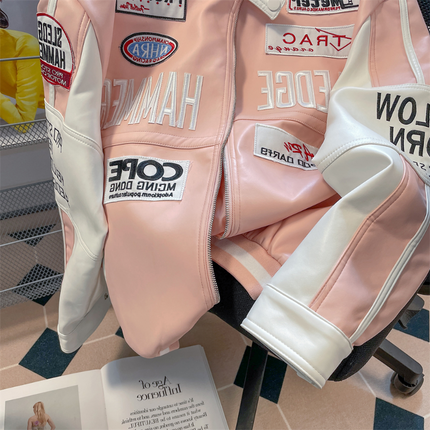 Gmiixder Motorcycle Leather Jacket Unisex High Street Hiphop Pink Bomber Jacket American Vibe Workwear Letter Baseball Uniform