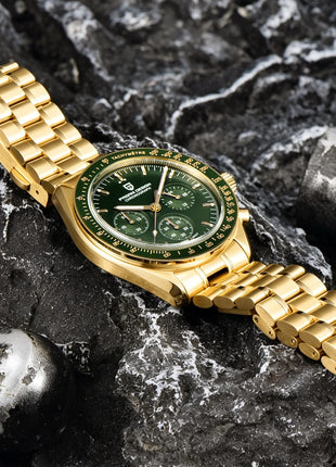 Nuovo orologio classico da uomo PAGANI DESIGN Orologio al quarzo di lusso verde dorato per uomo Cronografo sportivo con data automatica e cristallo AR in zaffiro Orologio da polso da uomo Spedizione locale