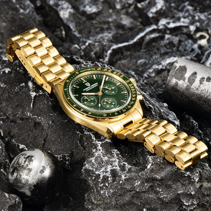 Nuovo orologio classico da uomo PAGANI DESIGN Orologio al quarzo di lusso verde dorato per uomo Cronografo sportivo con data automatica e cristallo AR in zaffiro Orologio da polso da uomo Spedizione locale