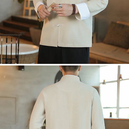 Camicie da Uomo a Maniche Lunghe in Stile Cinese, Ricamate, per Kung Fu e Tai Chi, Cardigan Retrò in Lino, Abito Tradizionale Tang, Top Tradizionale da Uomo